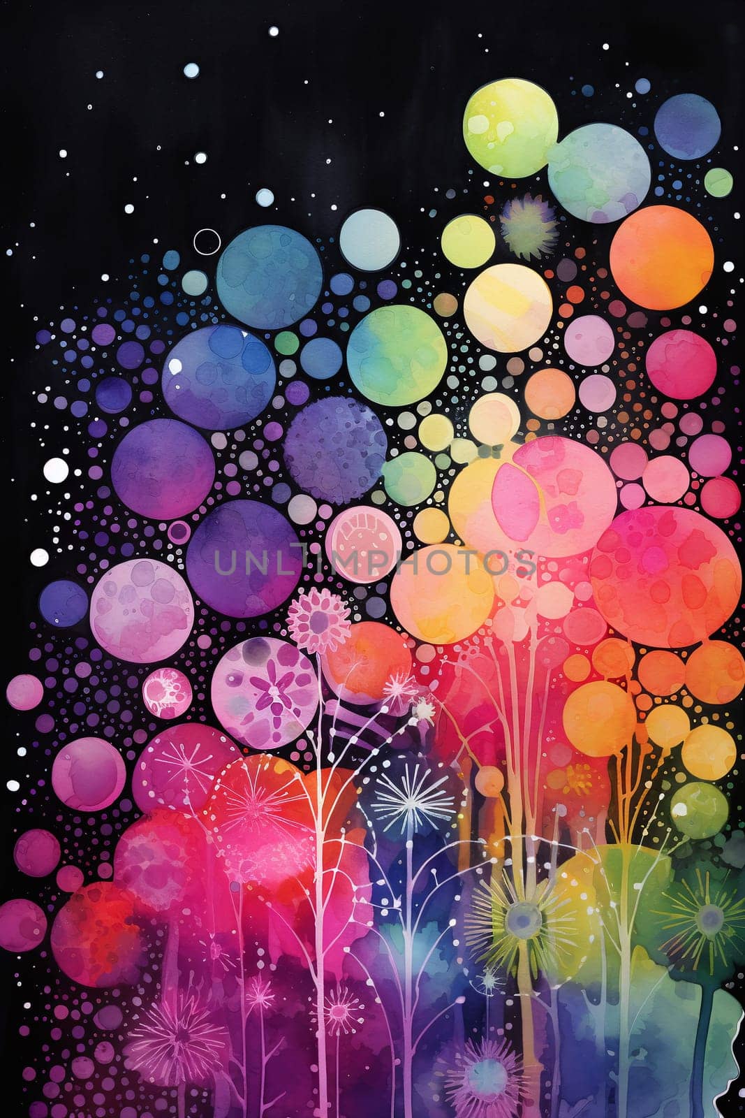 A vivid abstract art piece featuring colorful watercolor bubbles rising above dandelion seeds against a dark backdrop resembling a night sky
