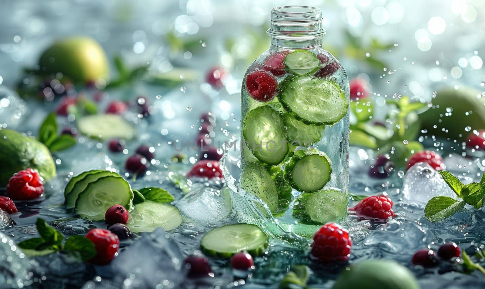 Glass Bottle Filled With Cucumbers and Berries. by Fischeron