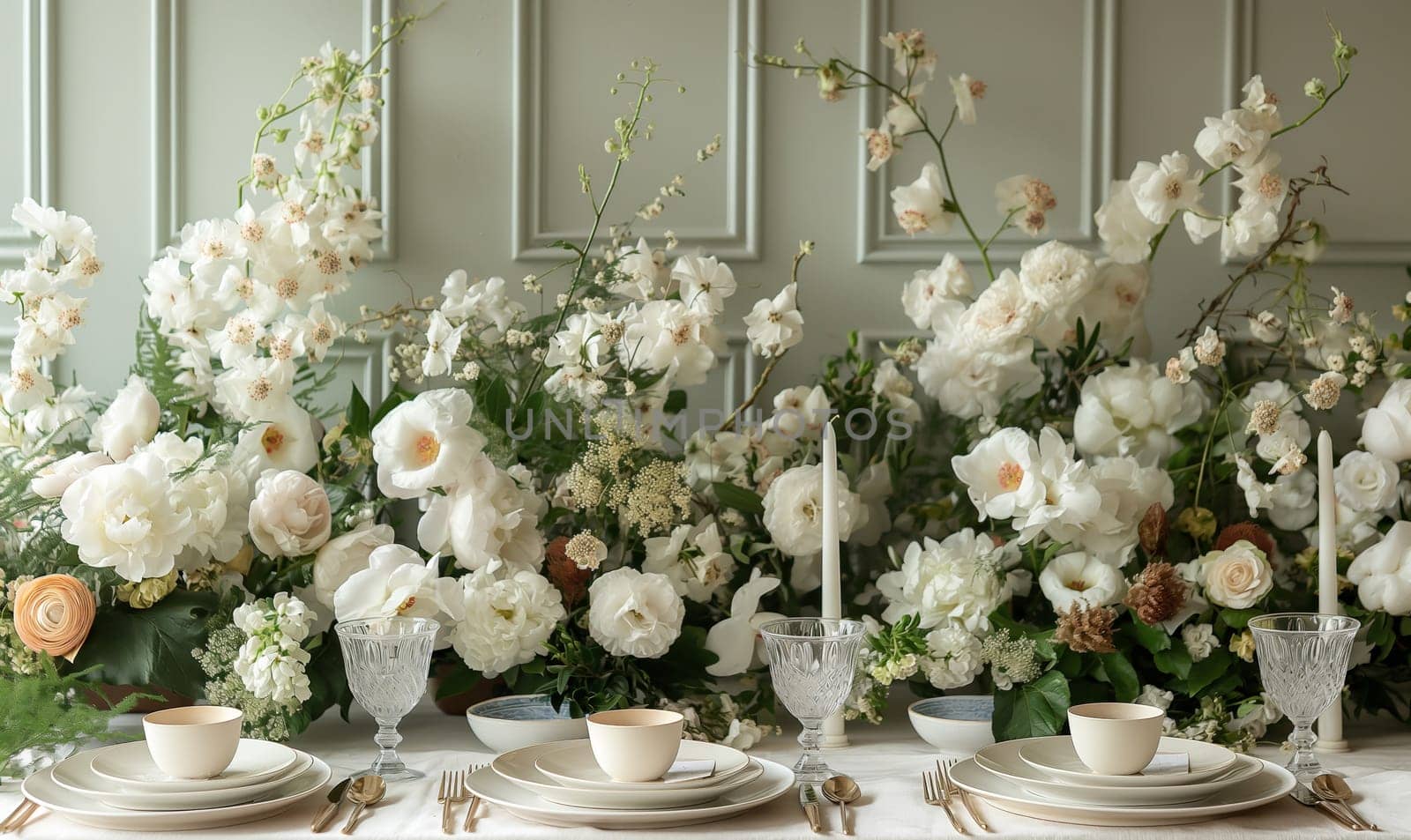 Floral arrangement of various flowers on the festive table. by Fischeron