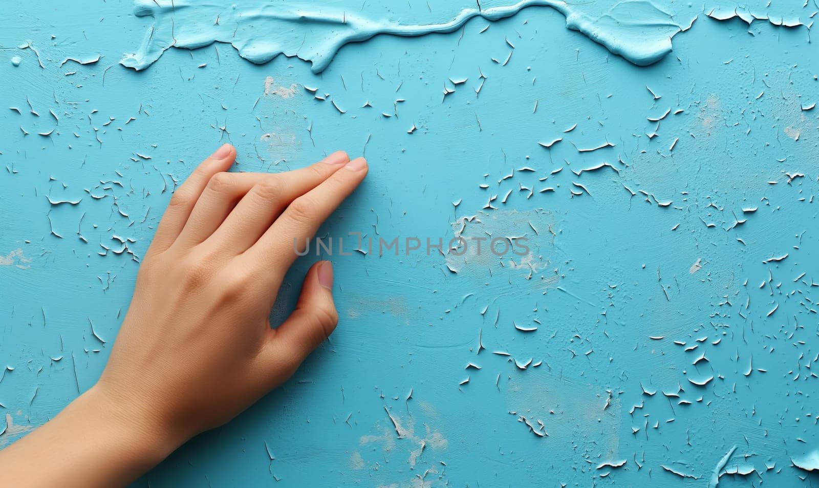 Female hand on a blue background. Selective focus