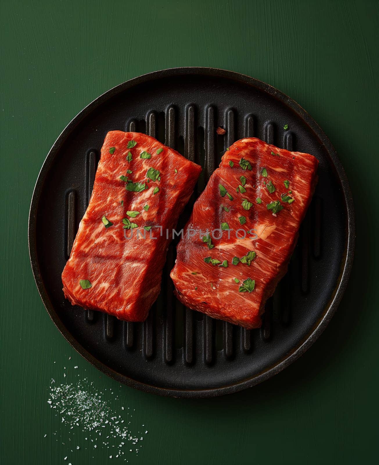 Two pieces of meat cooking on a grill. by Fischeron