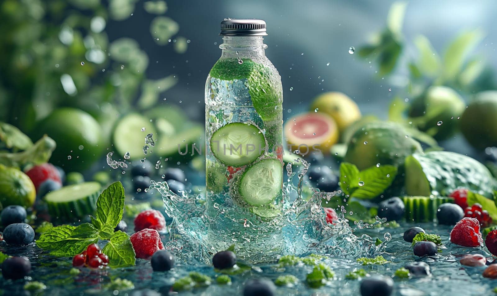 Glass Bottle Filled With Cucumbers and Berries. Selective focus.