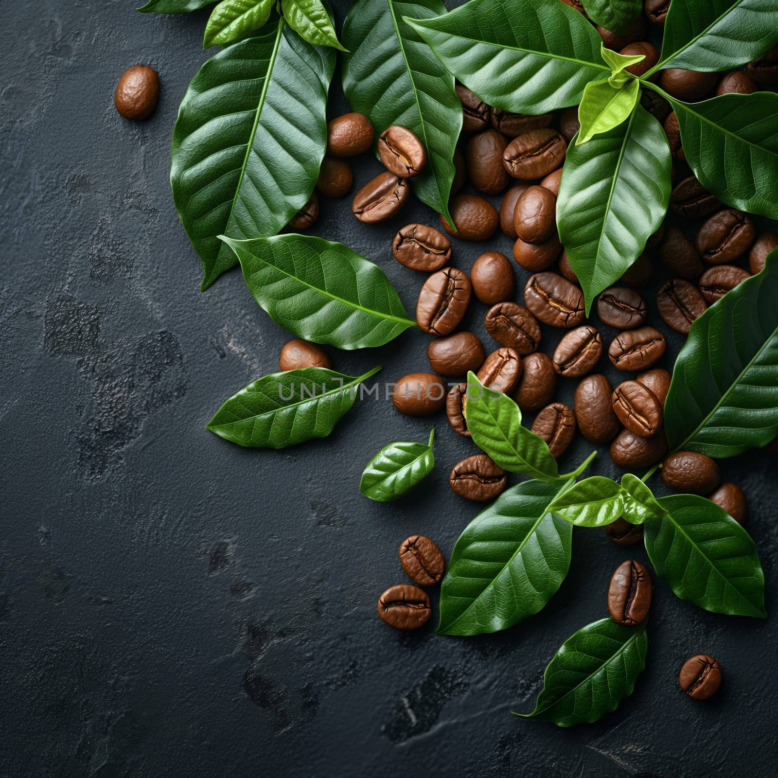 Coffee Beans and Leaves on Dark Background. Selective focus