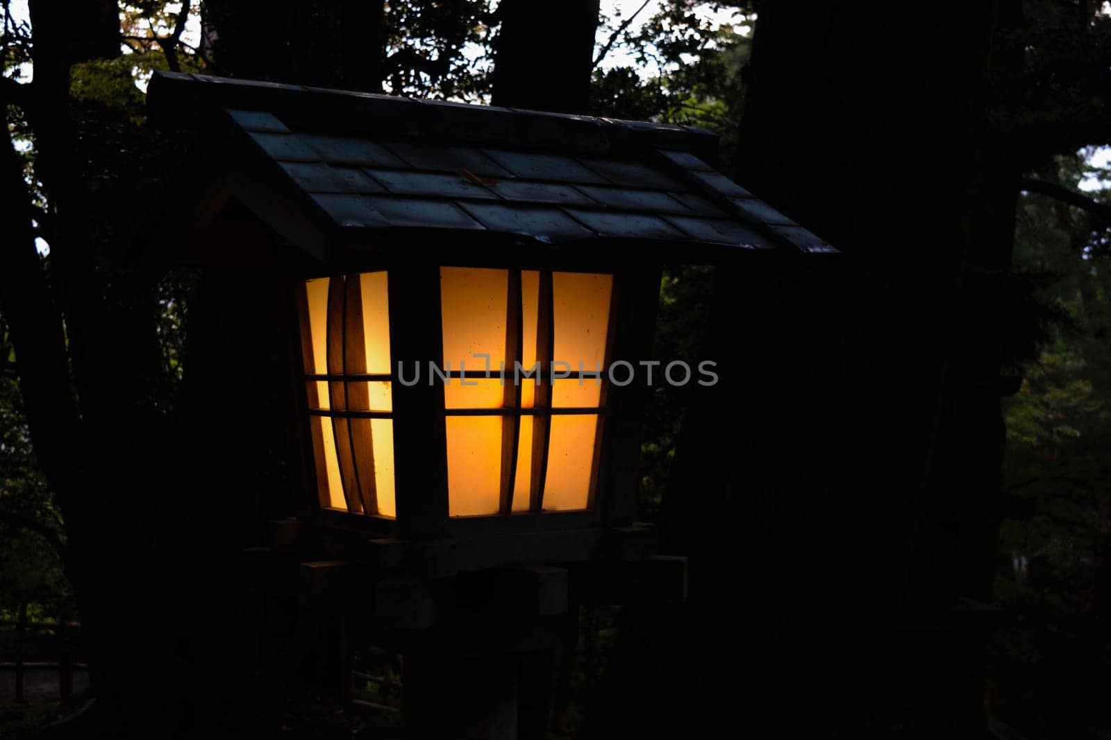 A traditional Japanese lantern glowing warmly in the dark, surrounded by trees.