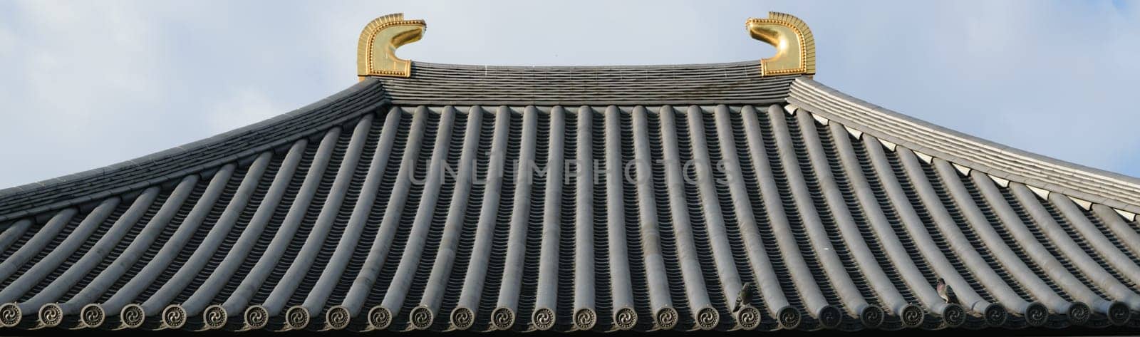 Close-up of a traditional Japanese temple roof with ornate golden decorations against a blue sky.
