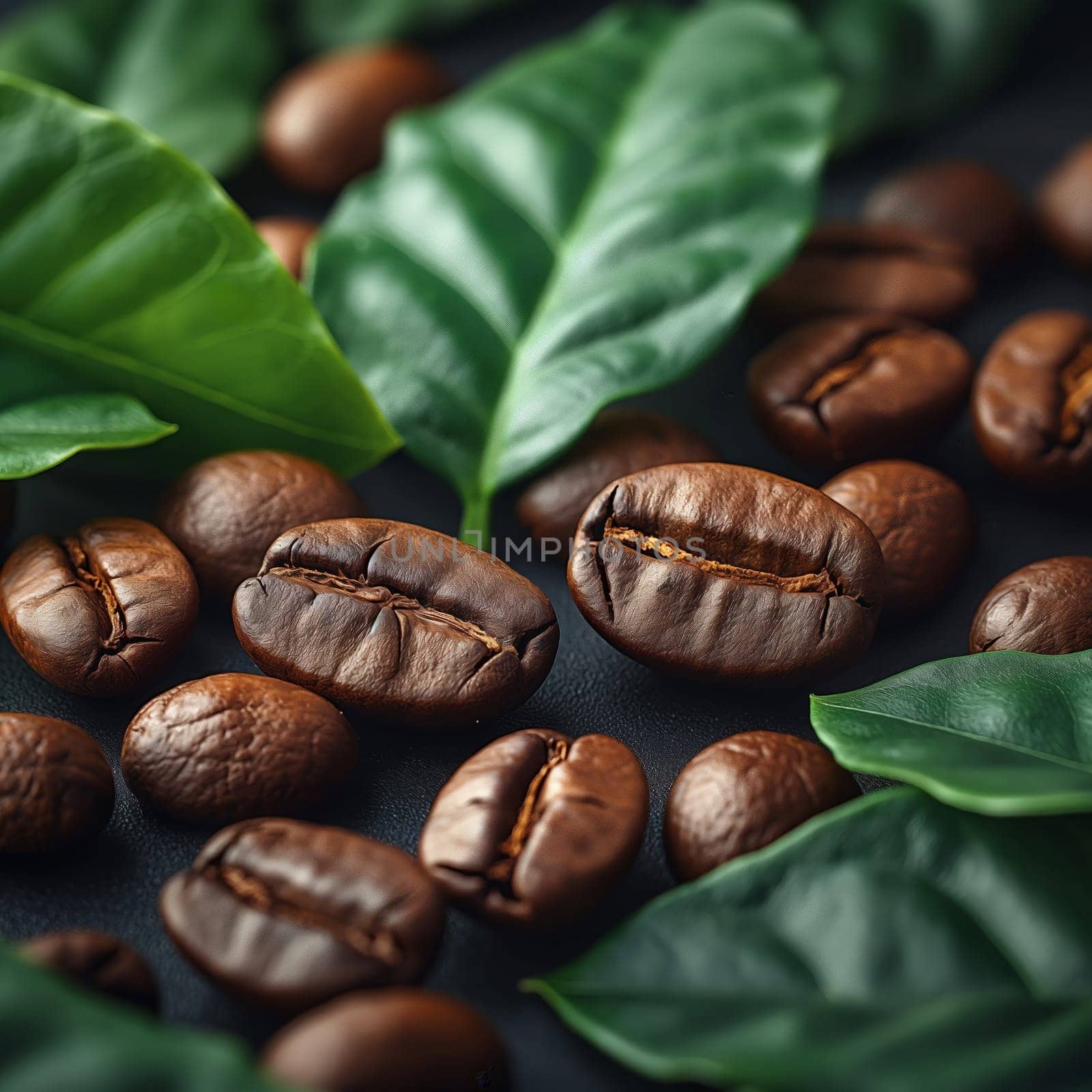 Coffee Beans and Leaves on Dark Background. Selective focus