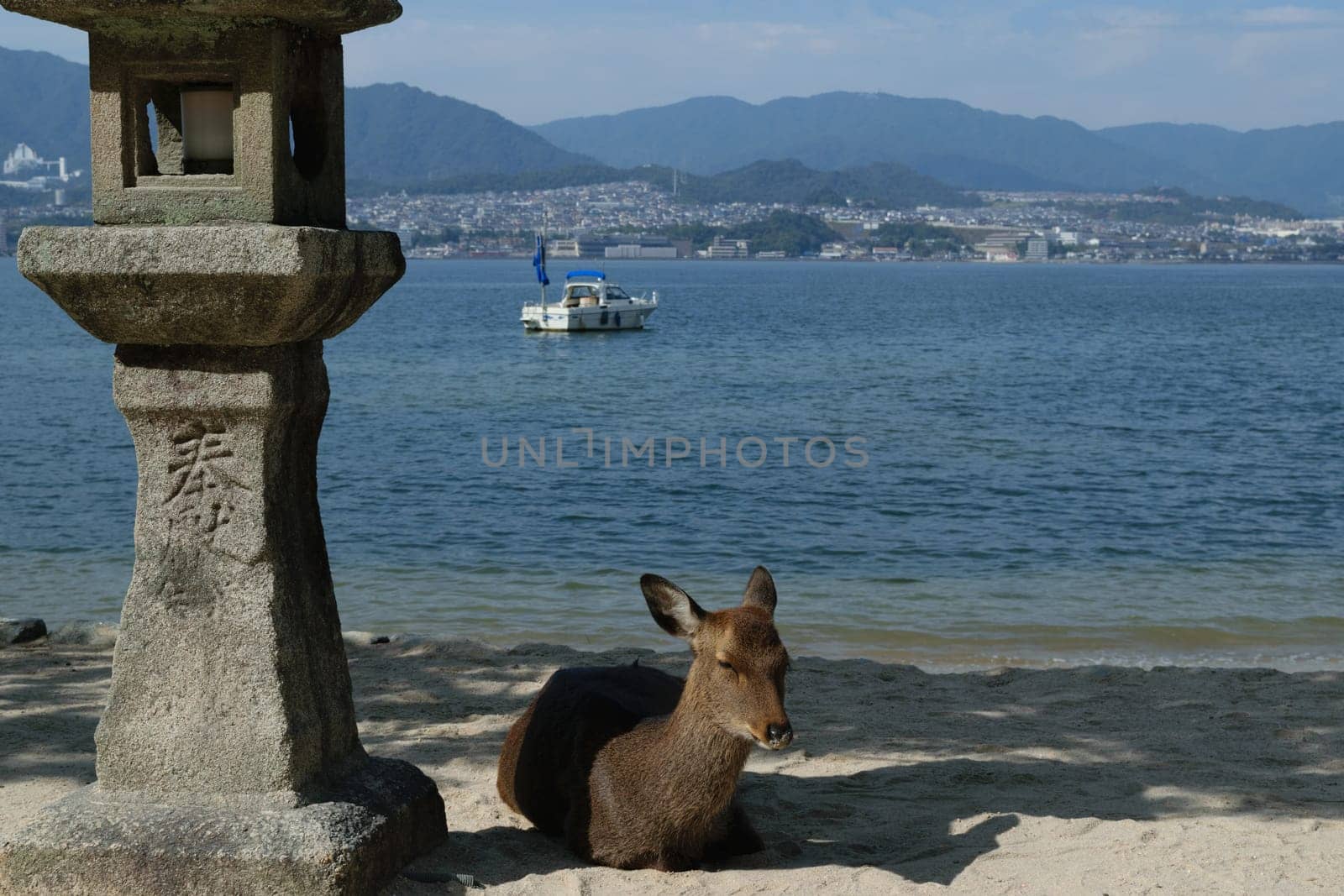 A deer resting on a sandy beach near a stone lantern with a boat on the water and mountains in the background.