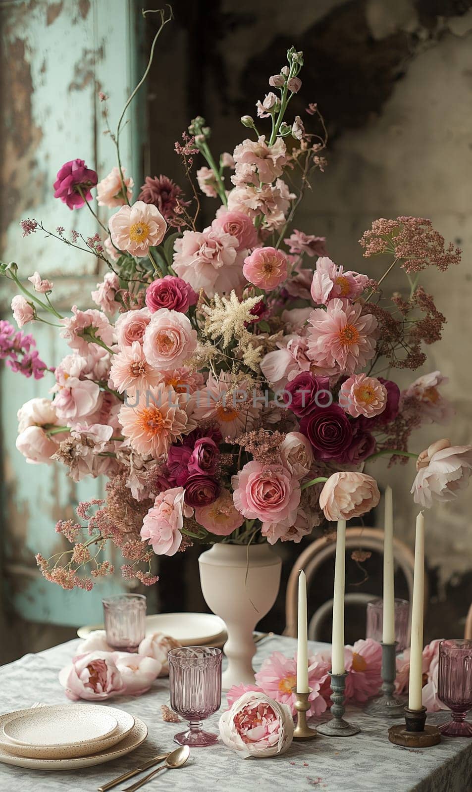 Floral arrangement of various flowers on the festive table. Selective focus