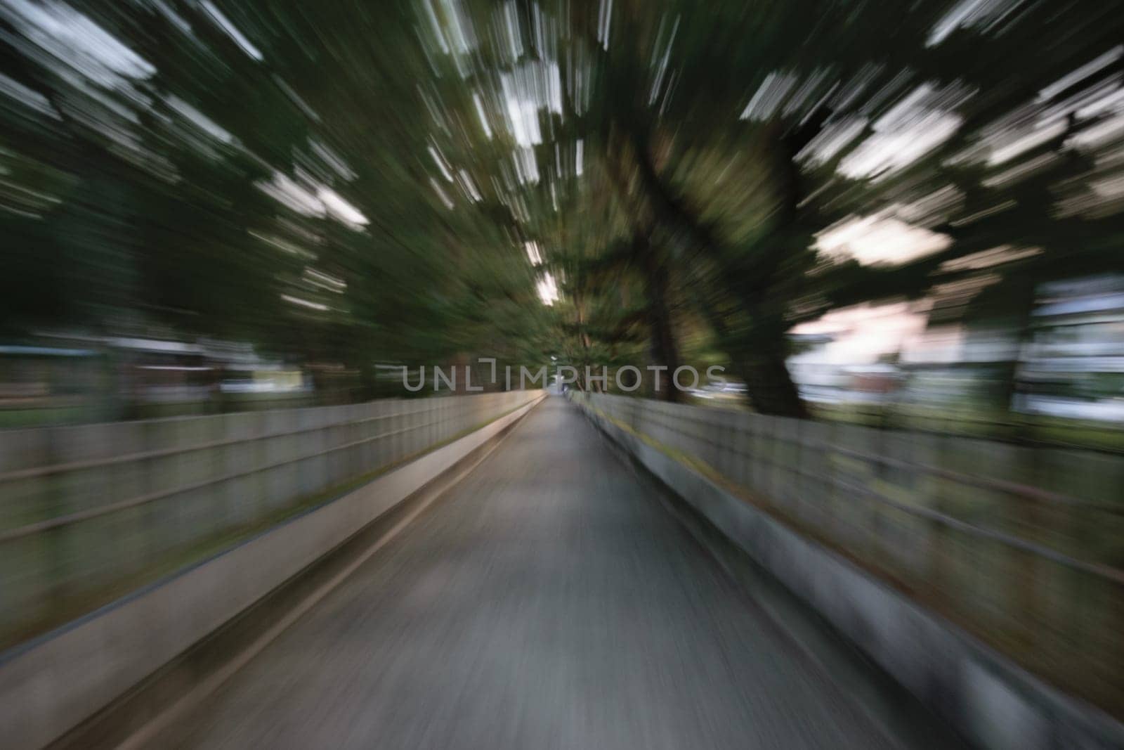 A blurred image of a pathway with trees on both sides, creating a sense of motion and speed.