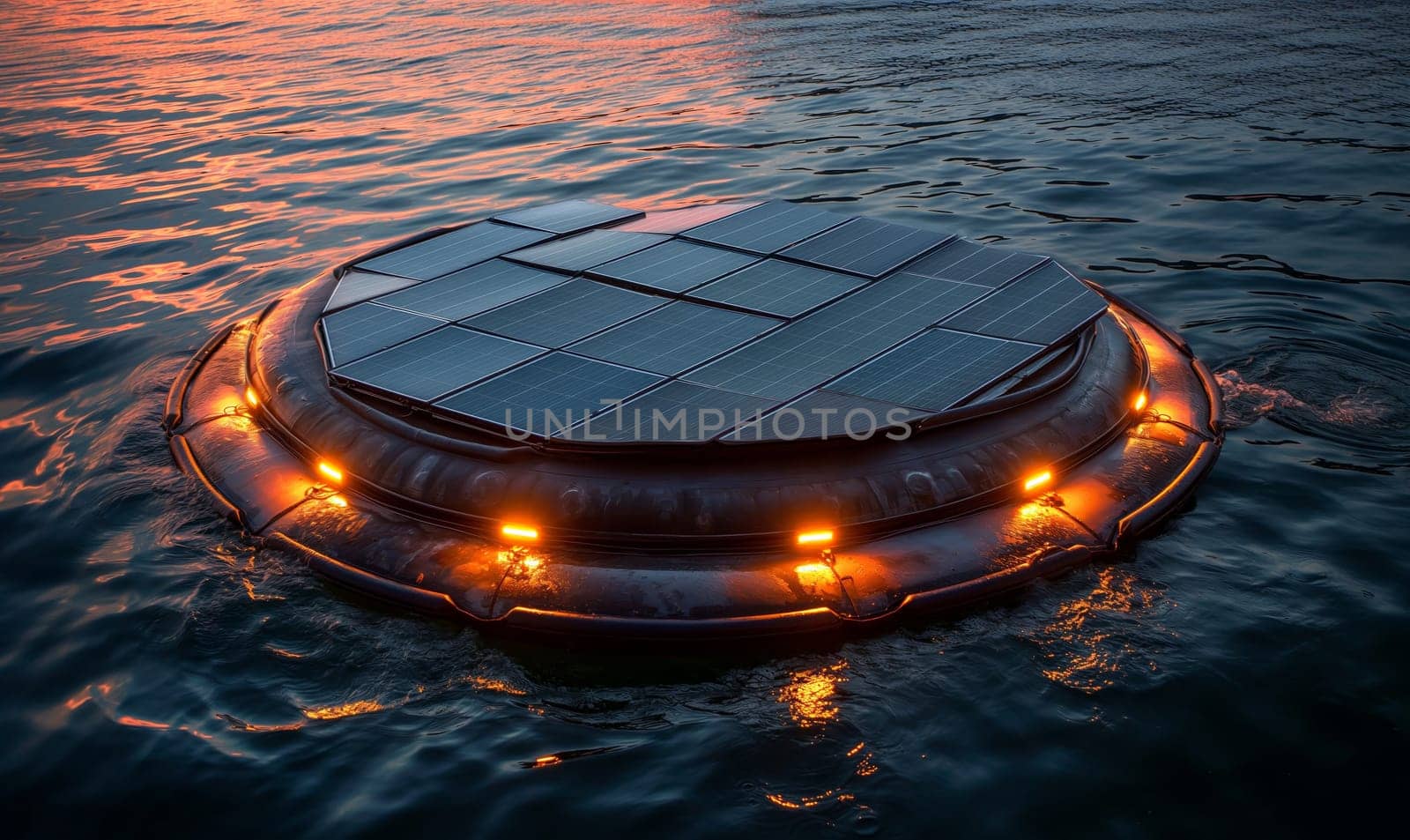 Floating solar panel system on a lake. Selective soft focus.