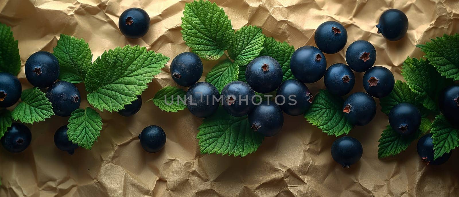 Blackcurrant berries and green leaves on wrinkled paper. by Fischeron