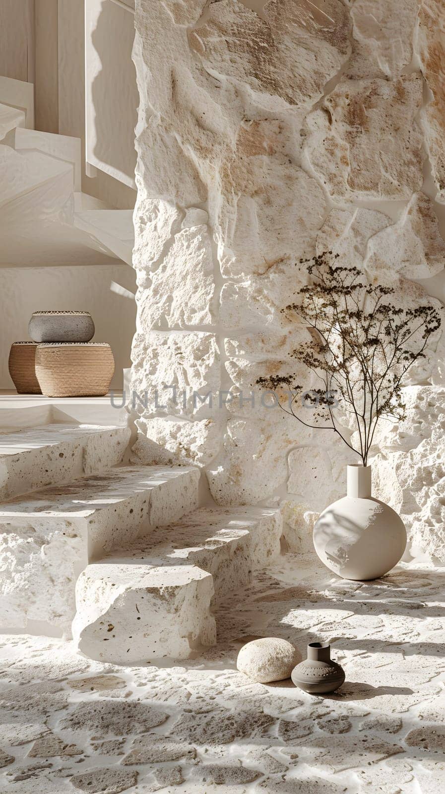 A staircase made of wood leads up to a stone wall with a vase holding a plant. The ancient bedrock carved with history and art adds to the landscape