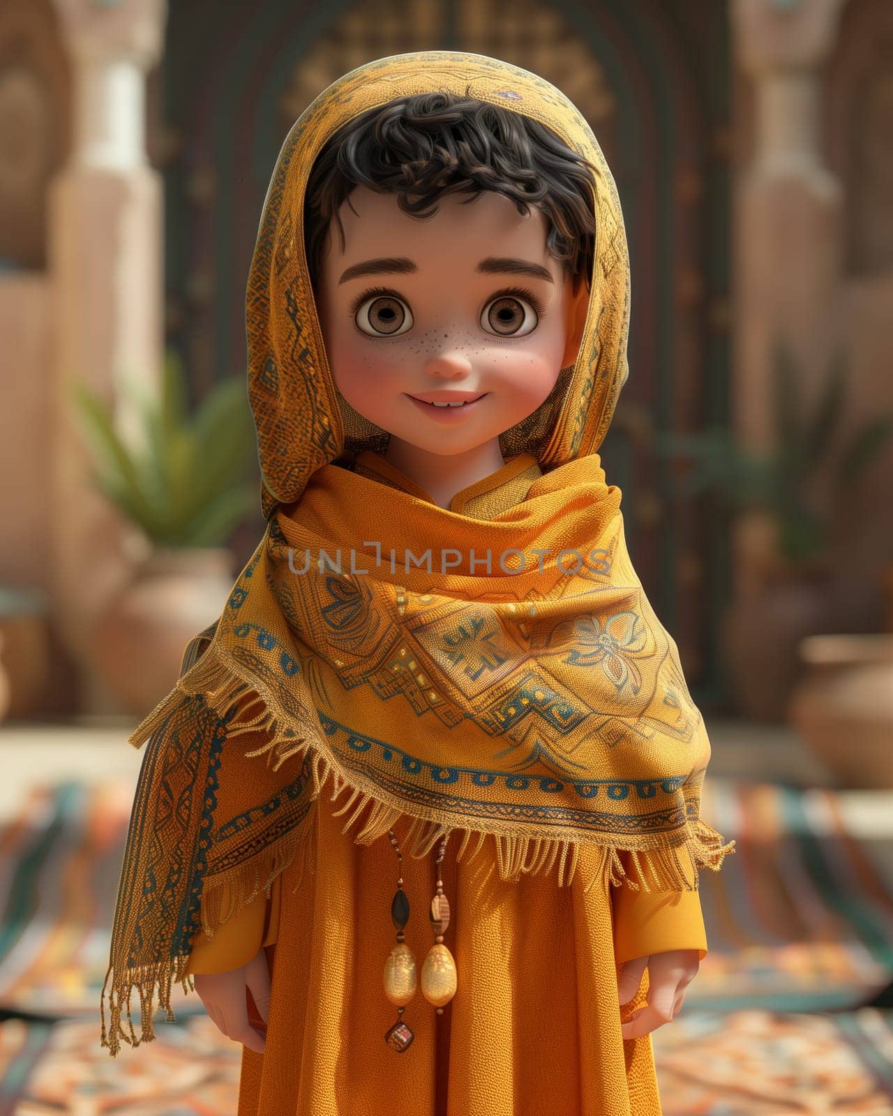 Cartoon, 3D child in national traditional Moroccan outfit. Selective focus