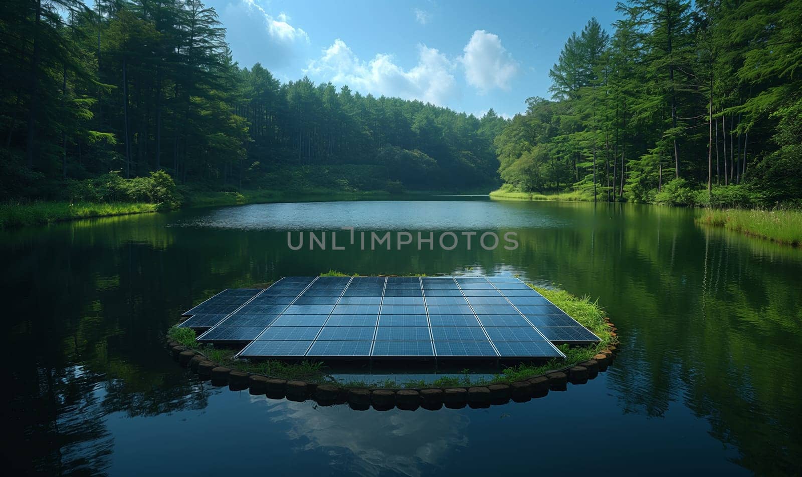 Floating solar panel system on a lake. Selective soft focus.