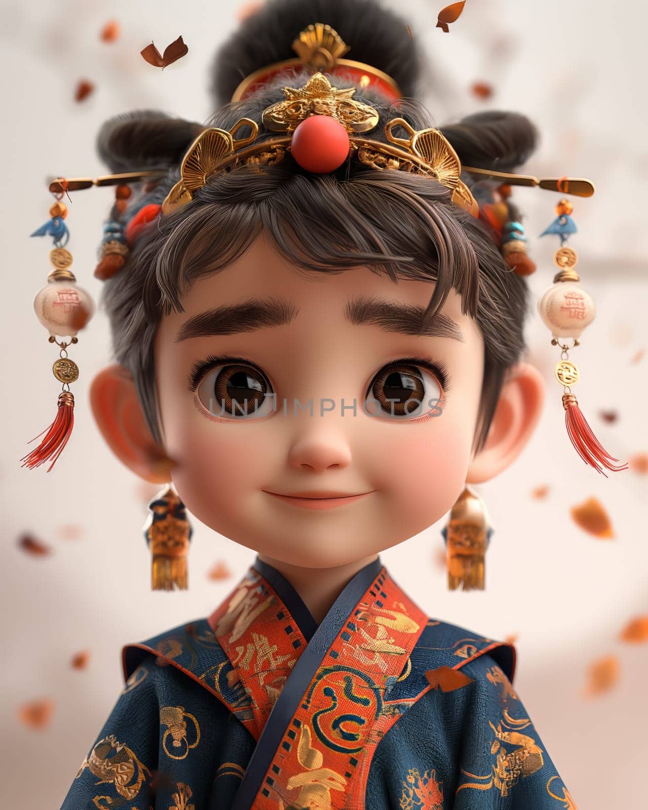 Cartoon, 3D girl in national traditional Asian attire. Selective focus