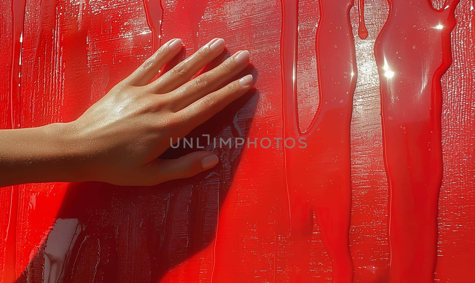 Hand Reaching on Red Background. Selective focus