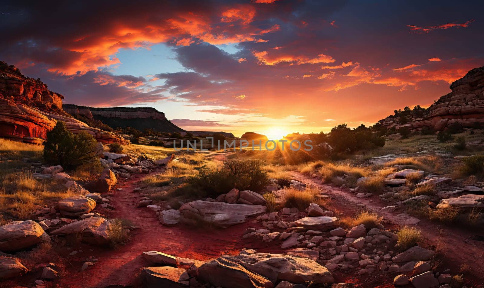 Sun Setting Over Mountain Stream. Selective focus