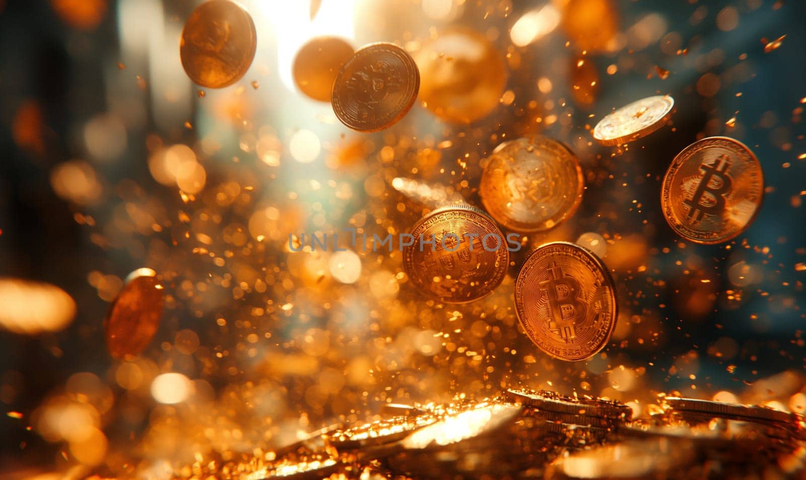 Bitcoin gold coins in dynamic movement. Selective focus