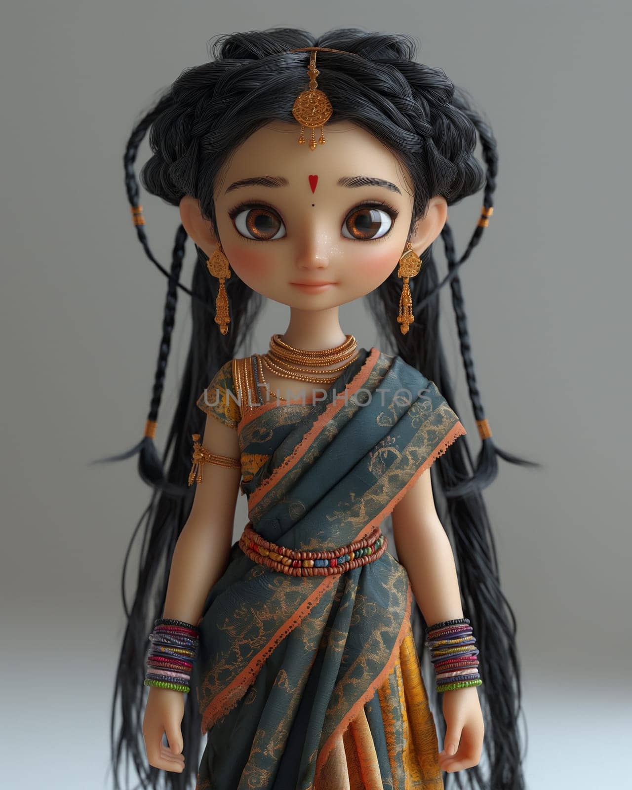 Cartoon, 3D girl in national traditional Indian attire. Selective focus