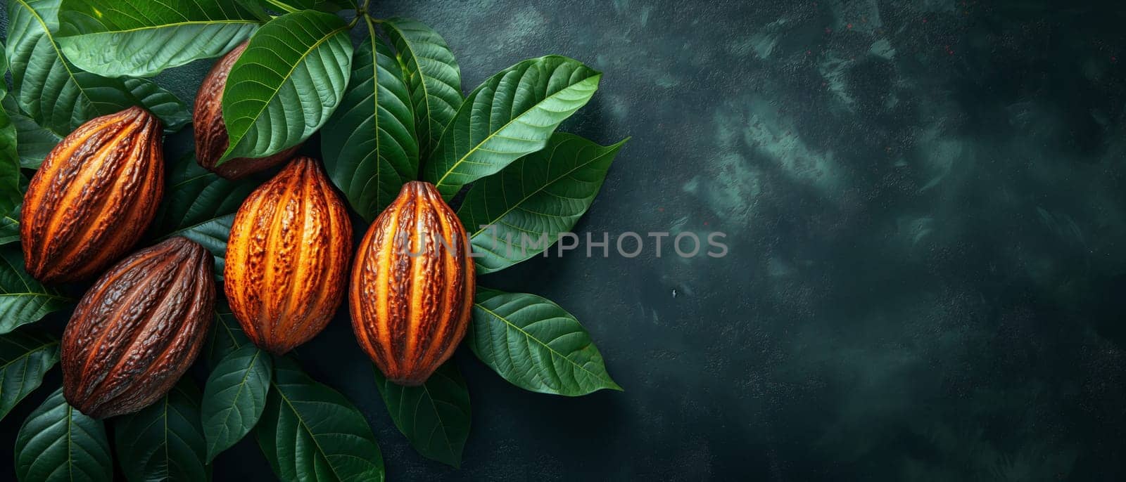 Cocoa fruits and green leaves on a dark background. Selective soft focus.