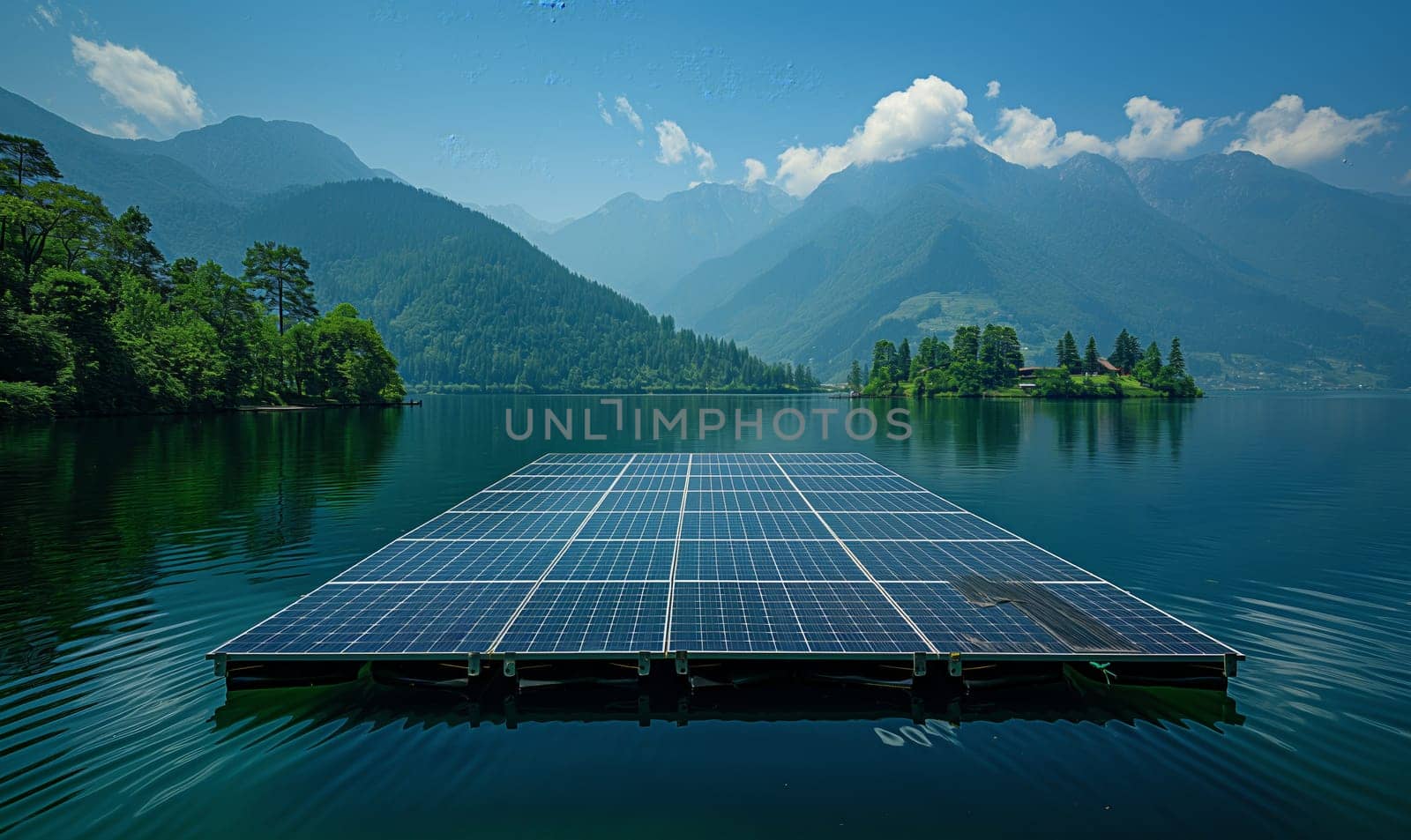 Floating solar panel system on a lake. by Fischeron