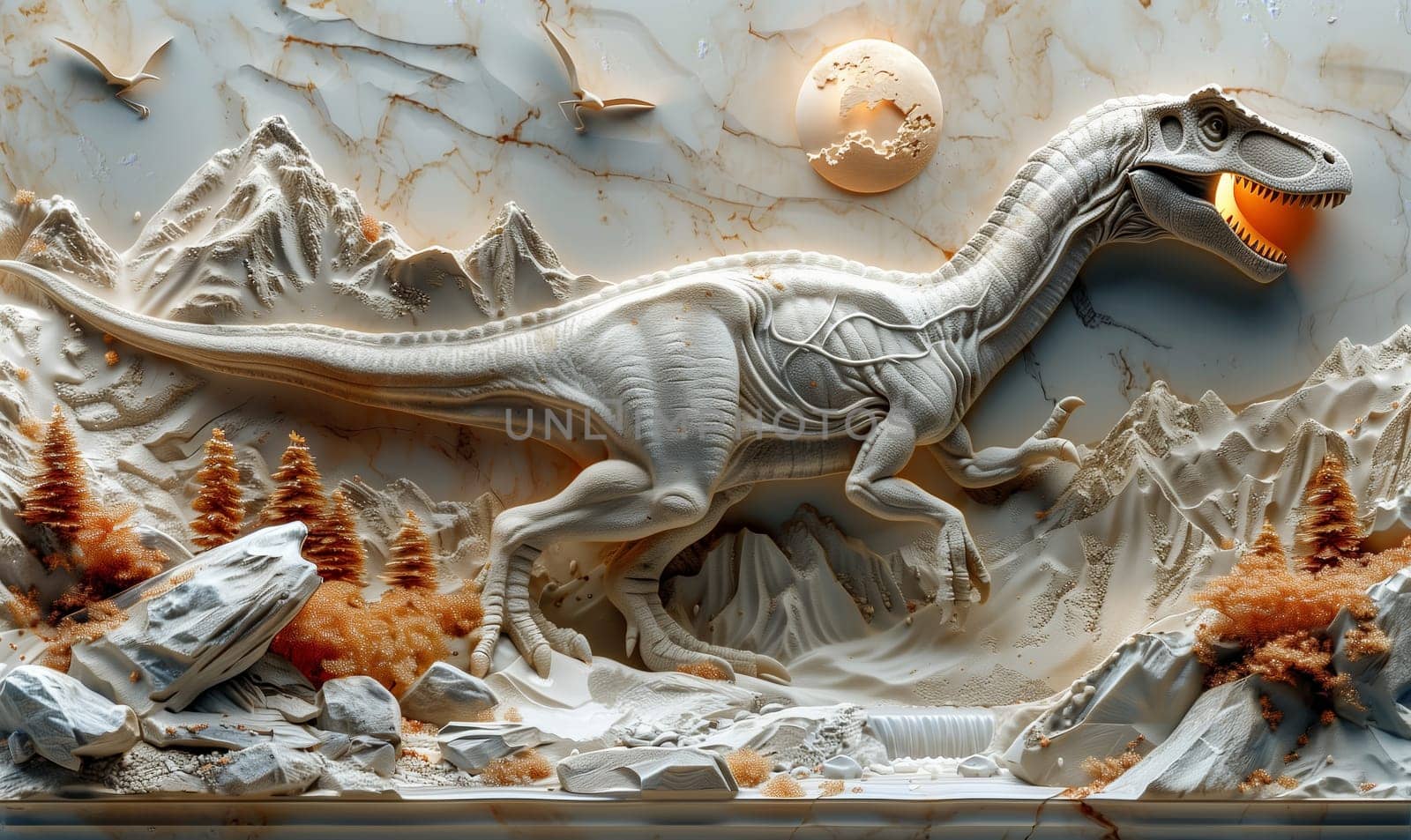 3d wallpaper, dinosaur made of stone on the wall. Selective soft focus.