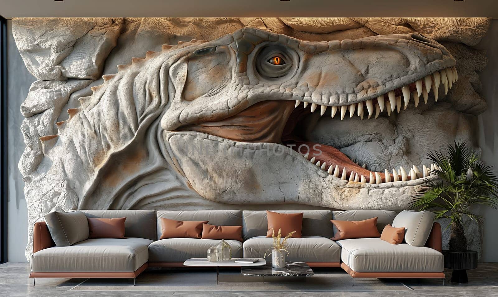 3d wallpaper, dinosaur made of stone on the wall in the room. Selective focus