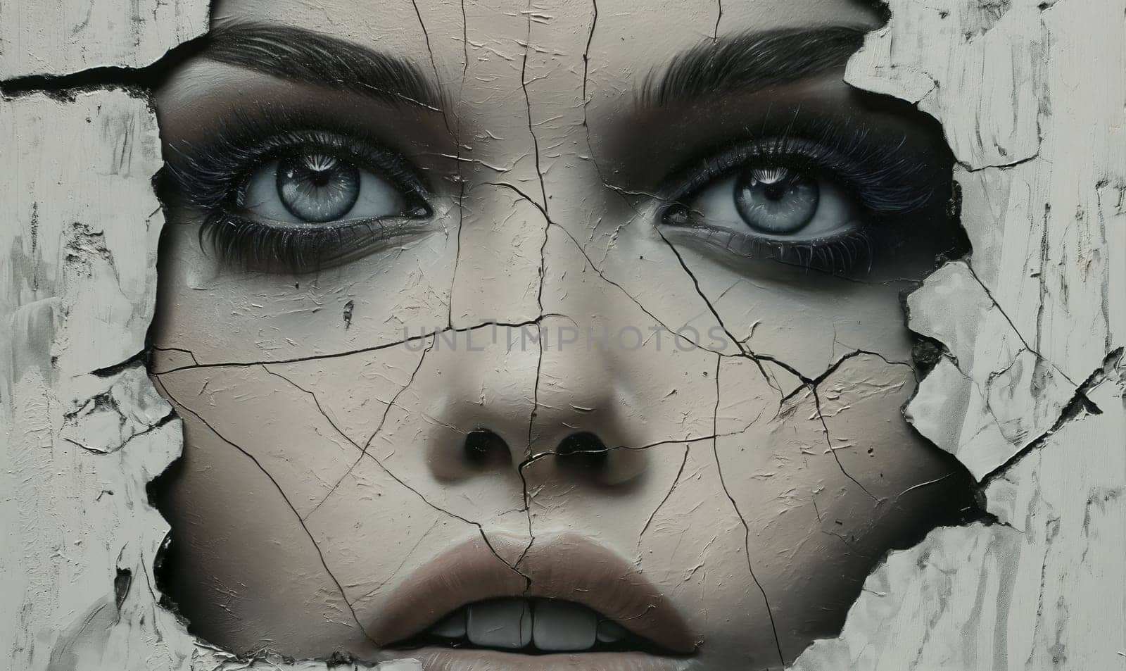 Cracked Paint Adorns Womans Face. by Fischeron