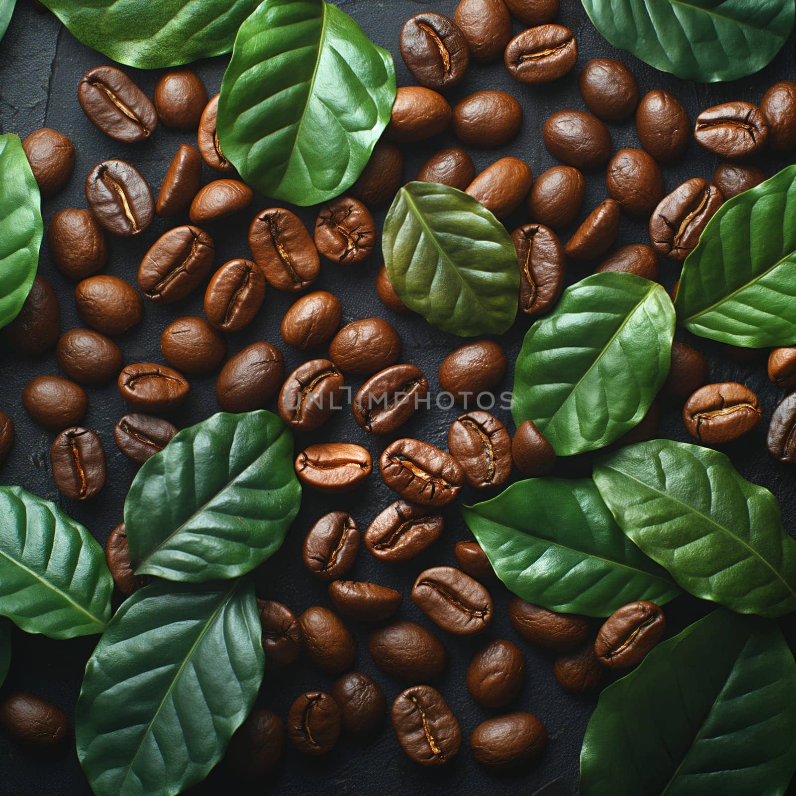 Coffee Beans and Leaves on Dark Background. Selective focus