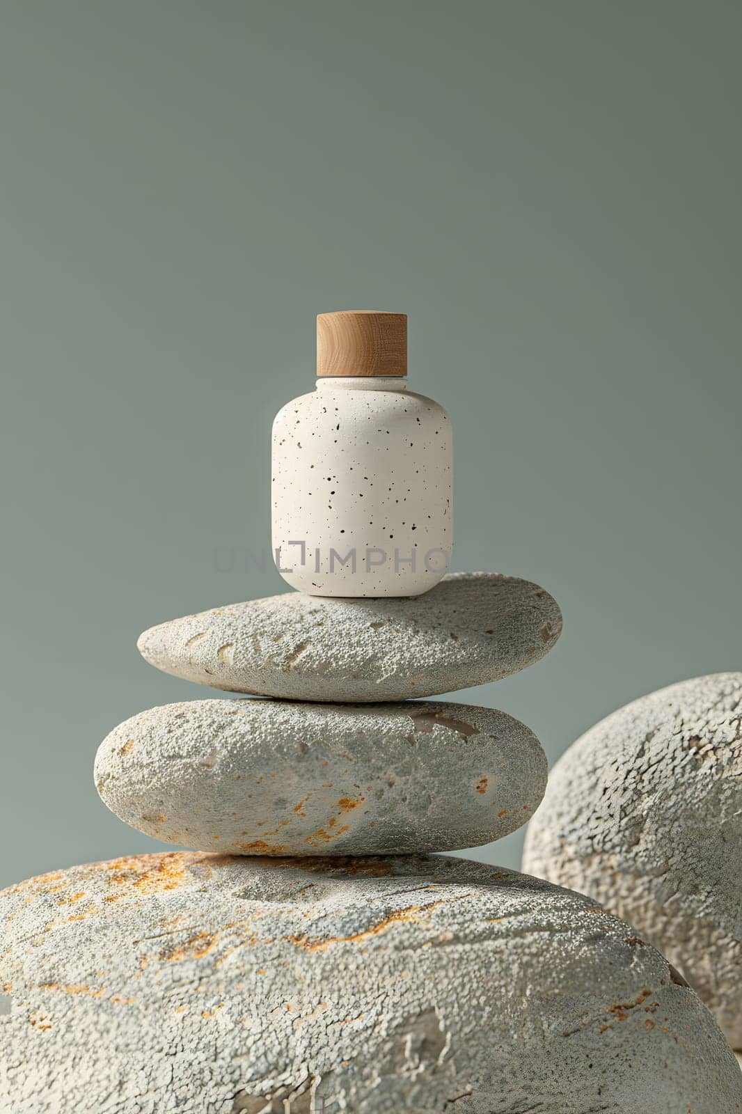 A bottle of lotion, a fluid containing various ingredients, is perched on a pile of rocks, showcasing a delicate balance between liquid and solid, nature and human creation