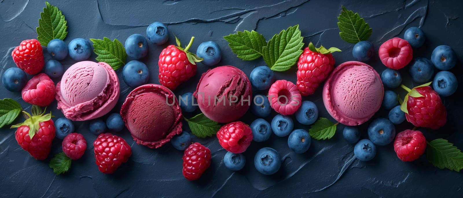 Ice cream with raspberries and blueberries. Selective focus.