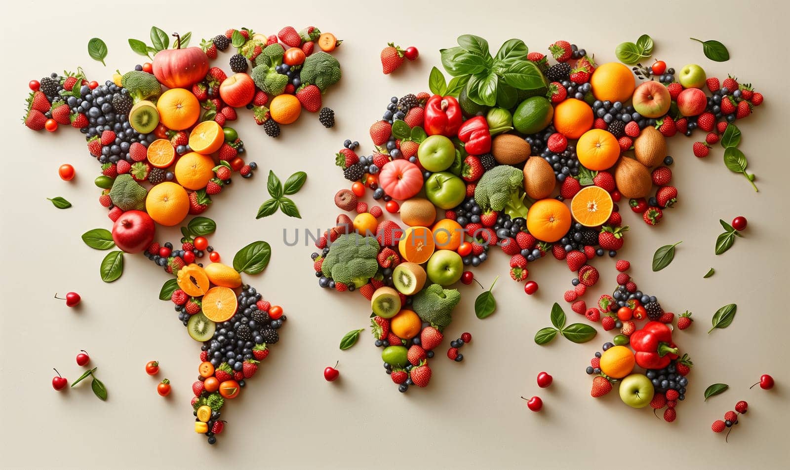 World map consisting of fruits and vegetables. Selective focus.