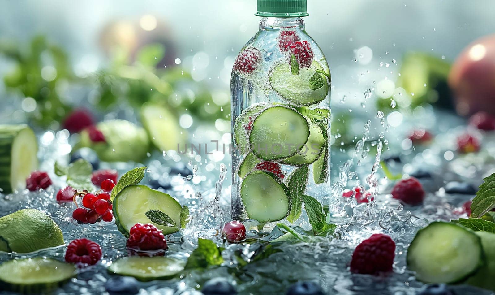 Glass Bottle Filled With Cucumbers and Berries. Selective focus.