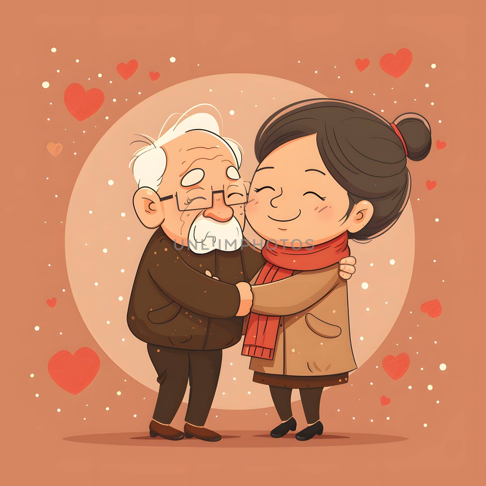 An elderly man and a young girl are embracing each other with happy smiles on their faces, creating a heartwarming scene resembling a joyful cartoon illustration