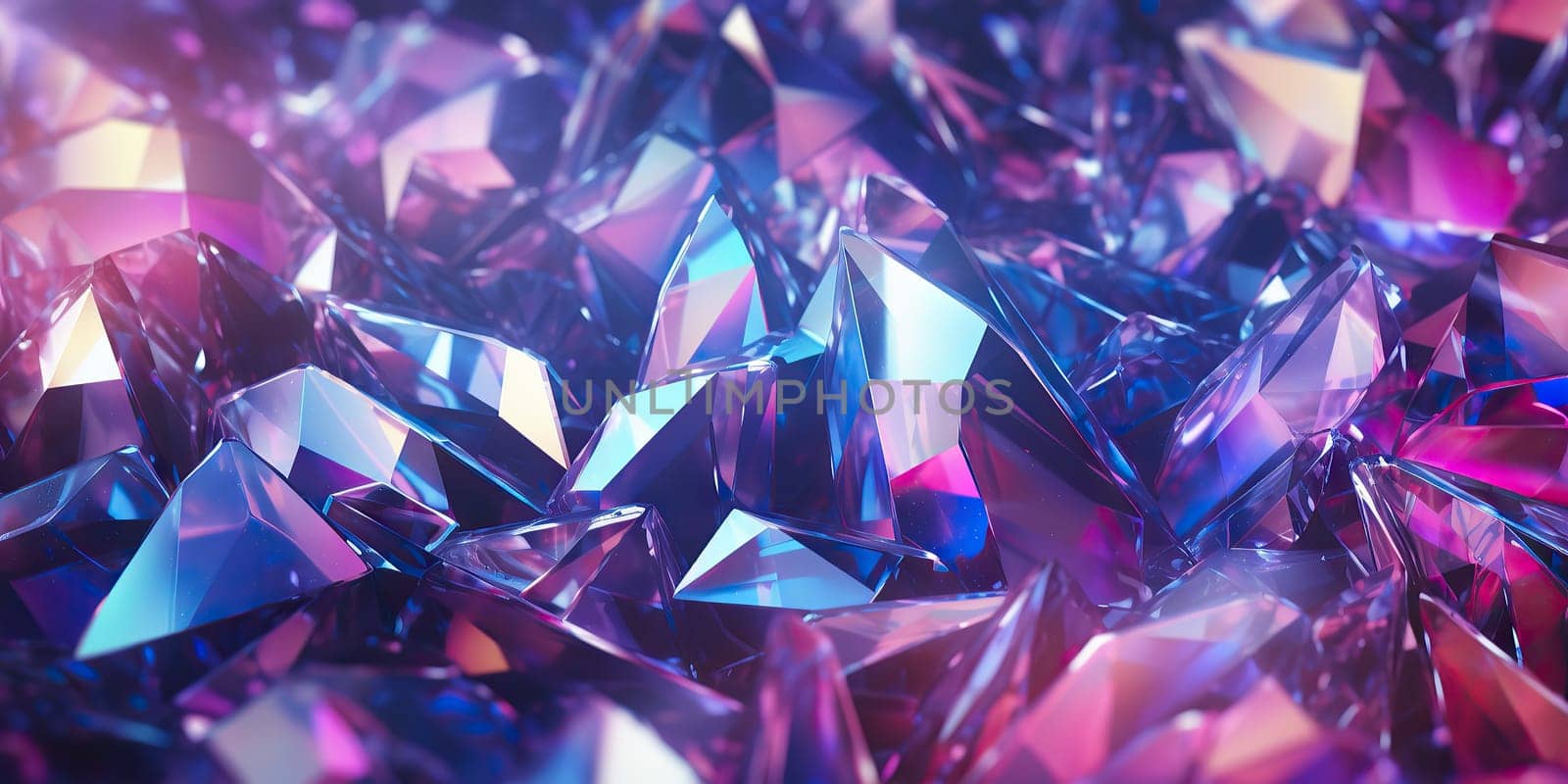 Holographic background with realistic crystal shards. Rainbow reflexes in pink and purple color. Abstract trendy pattern. Texture with magical effect