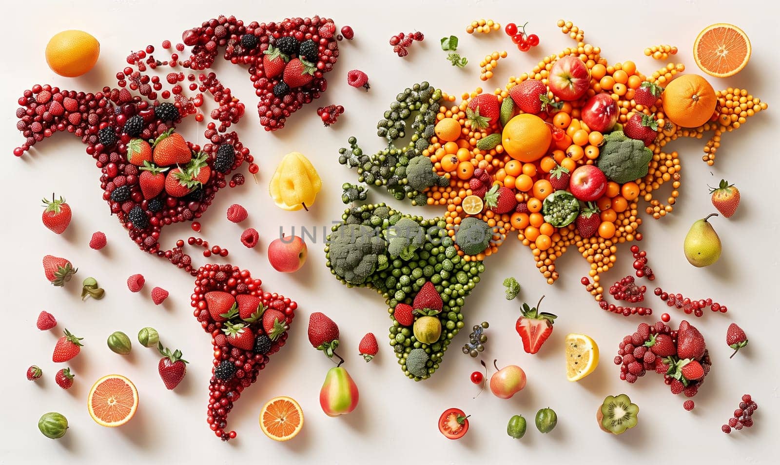 World map consisting of fruits and vegetables. Selective focus.