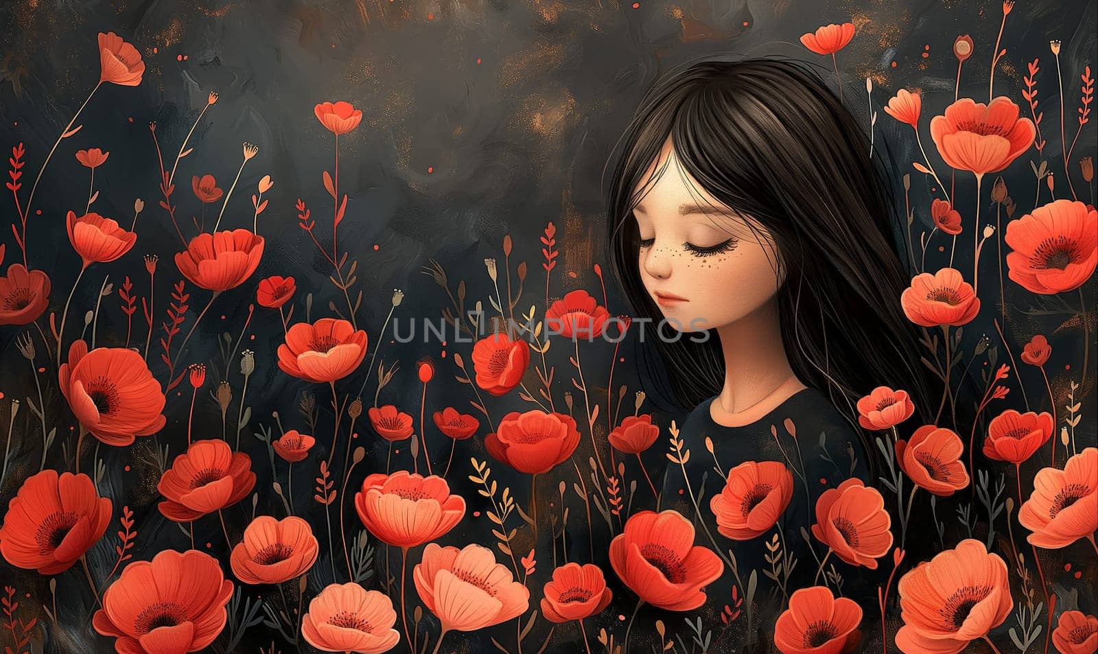 Girl in Red Flower Field. by Fischeron