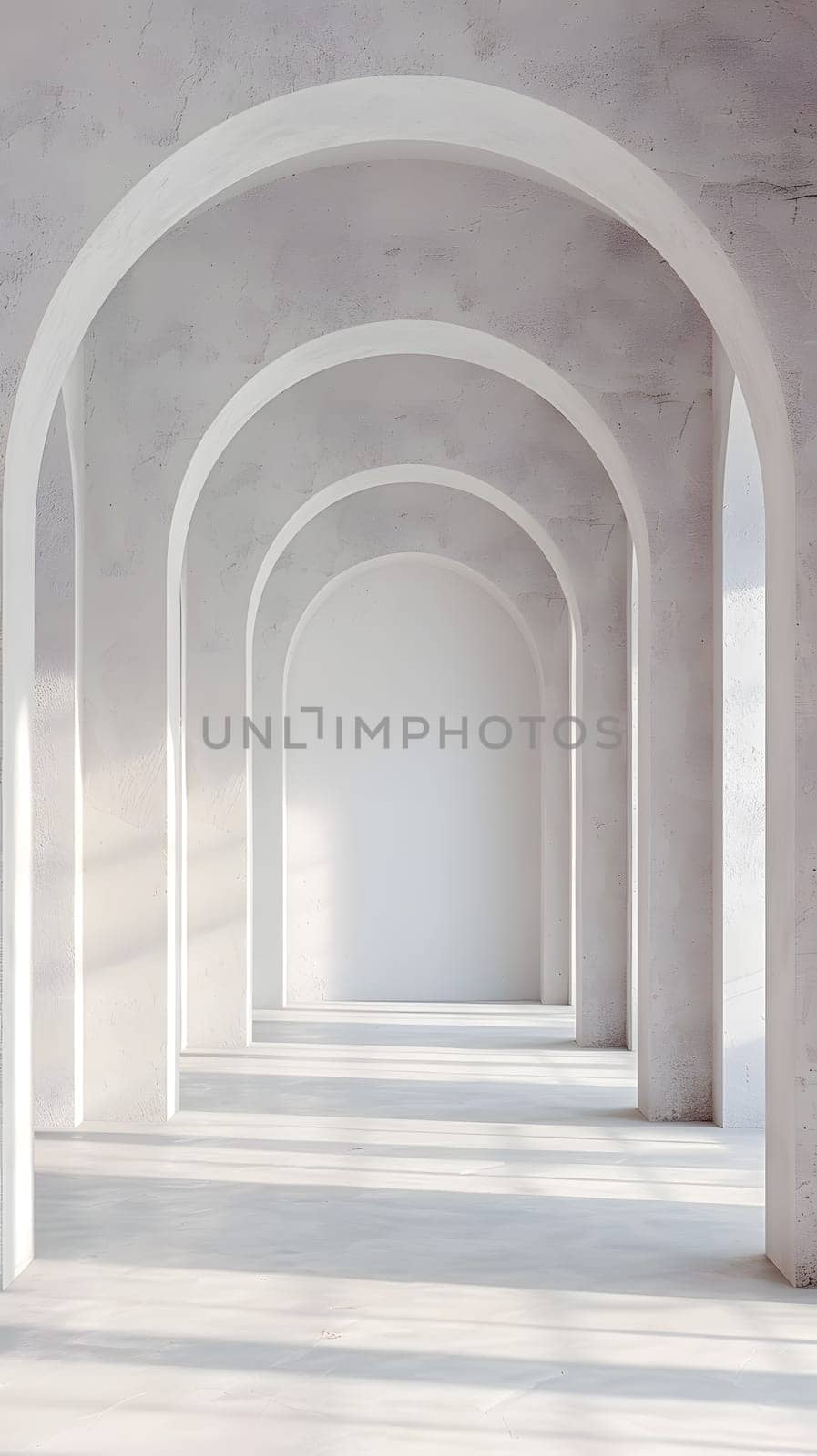 A visually striking hallway in a building featuring arches, columns, and a symmetrical design. The arcade is made of concrete with tints and shades adding to the artistic beauty