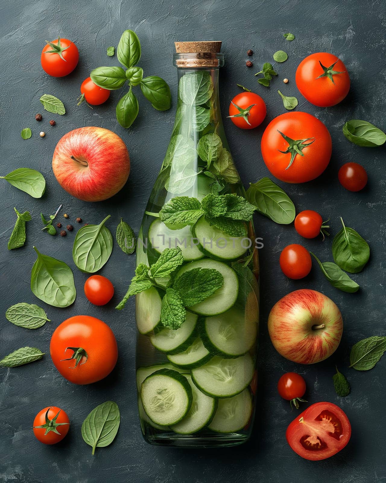Glass Bottle With Cucumbers and Tomatoes. Selective soft focus.