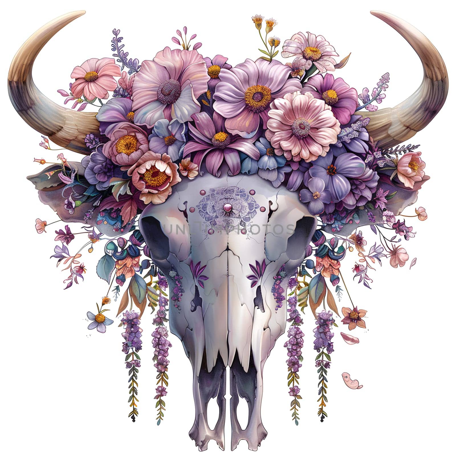 The bull skull is adorned with vibrant purple flowers, a stunning display of floral art on porcelain drinkware that brings a touch of elegance to any space