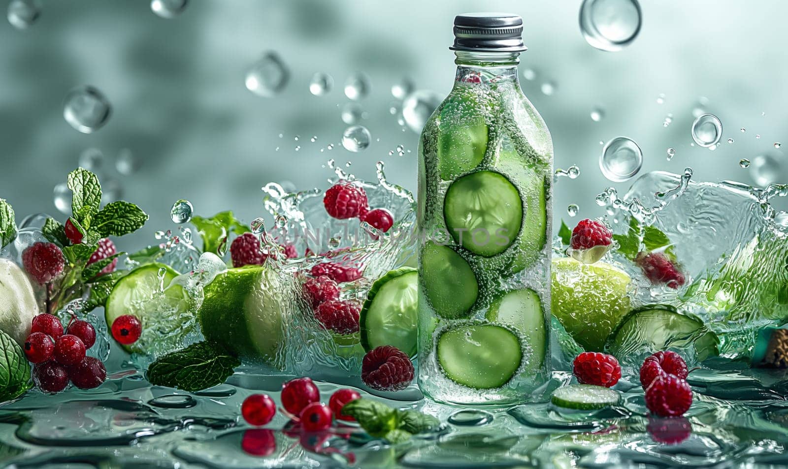 Glass Bottle Filled With Cucumbers and Berries. by Fischeron