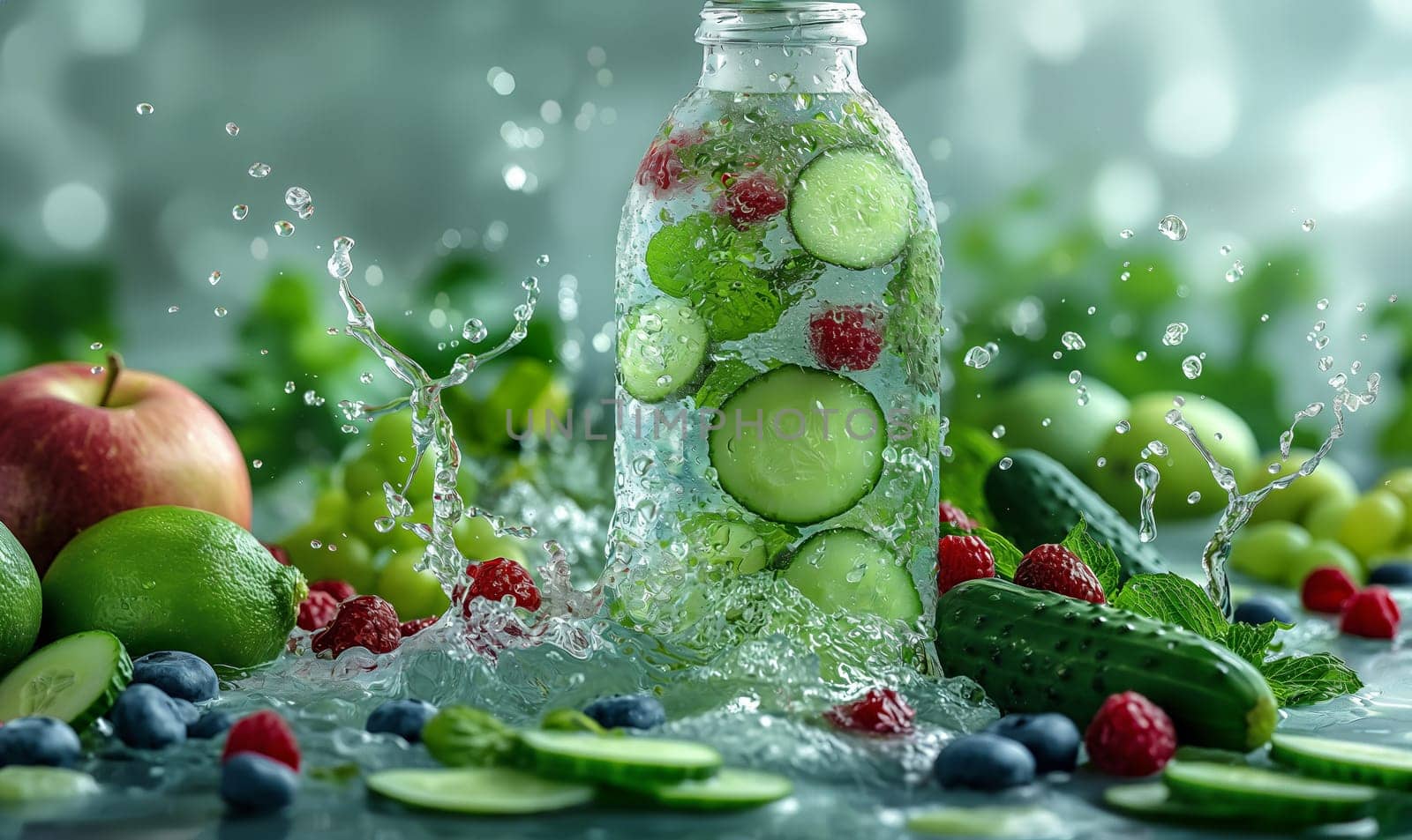 Glass Bottle Filled With Cucumbers and Berries. by Fischeron