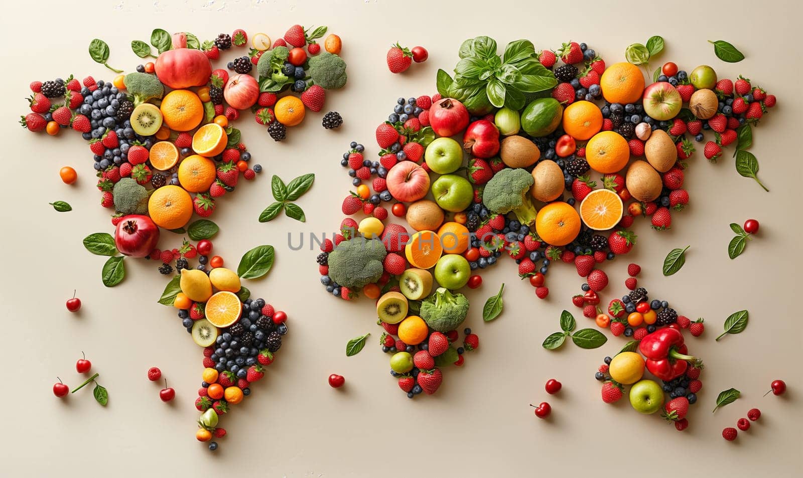 World map consisting of fruits and vegetables. by Fischeron