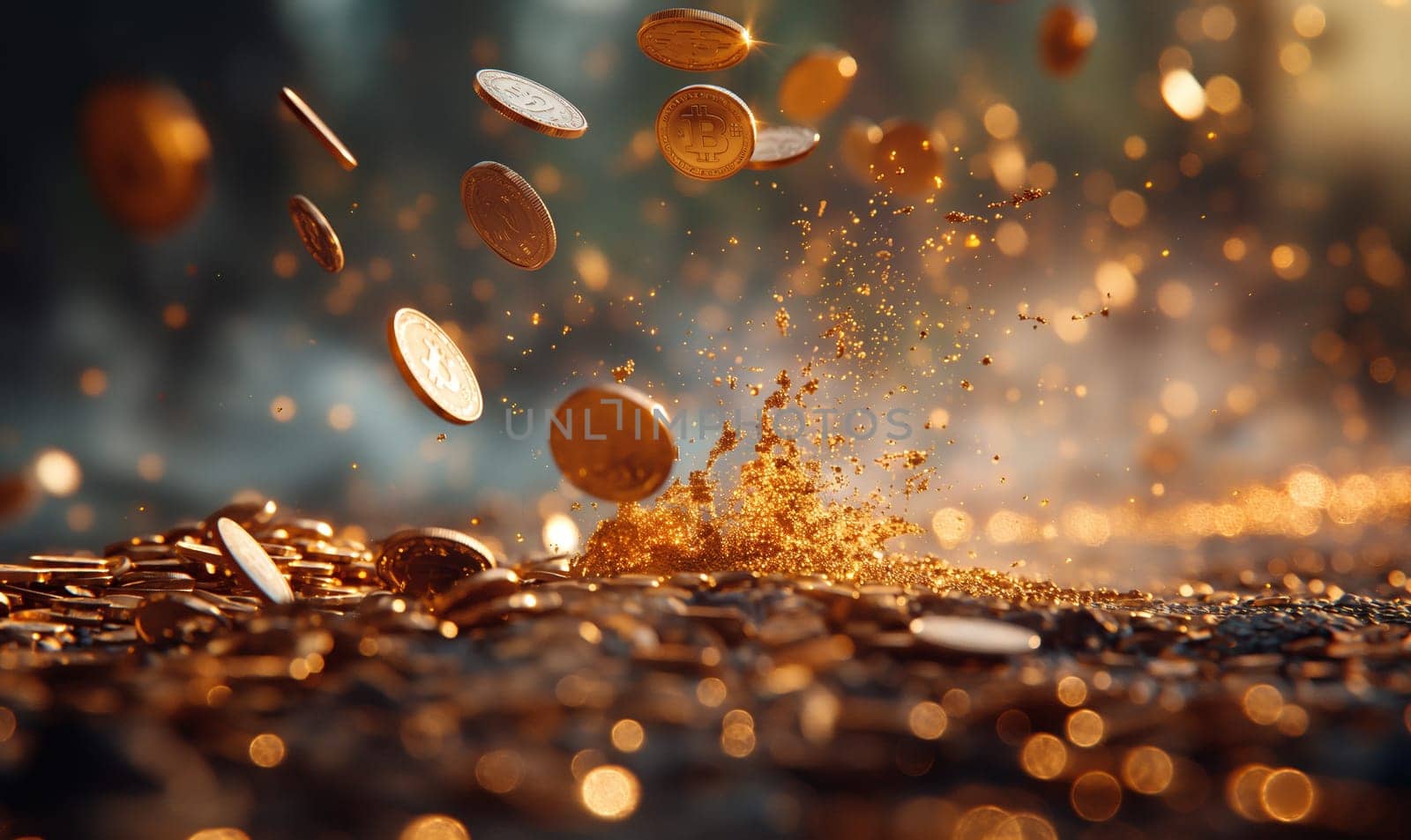 Bitcoin gold coins in dynamic movement. by Fischeron