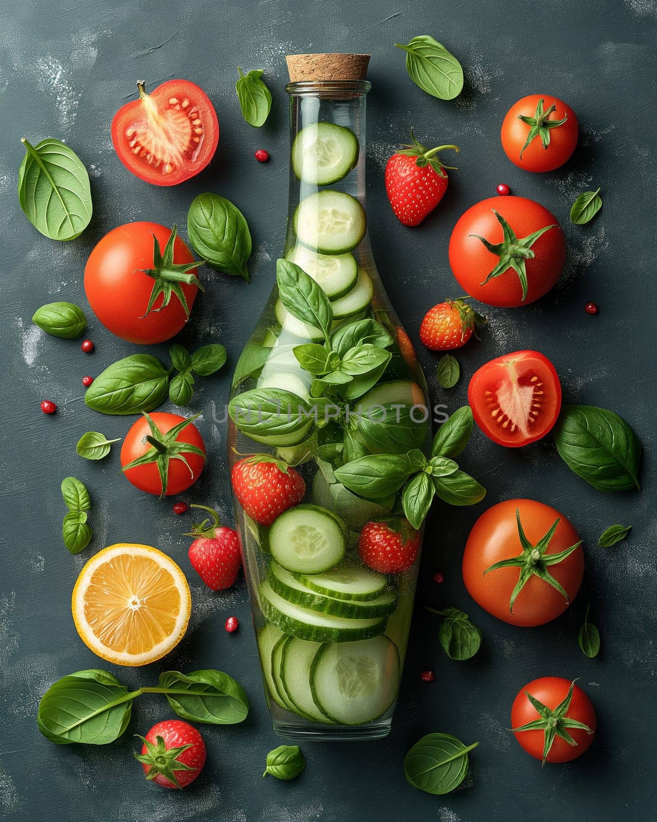 Glass Bottle With Cucumbers and Tomatoes. by Fischeron