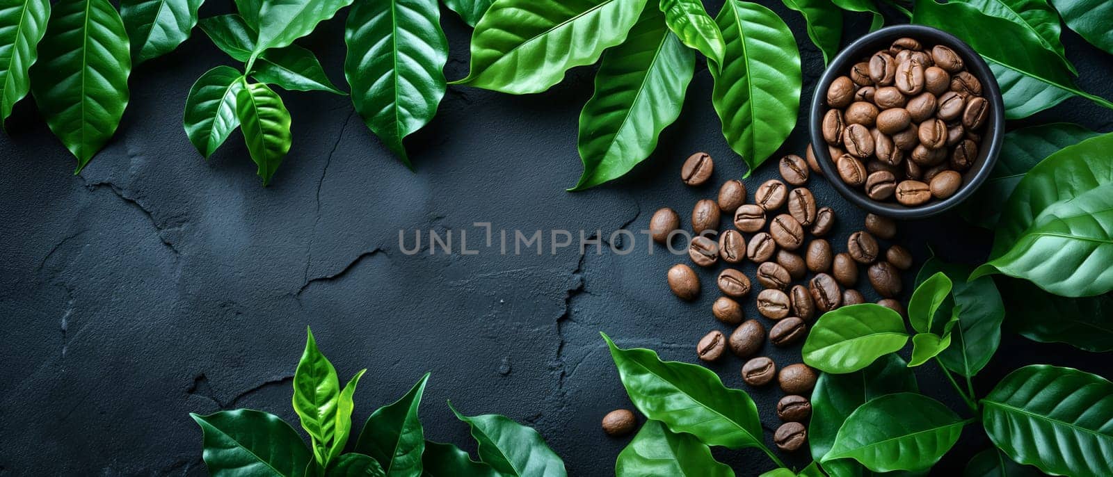 Coffee Beans and Leaves on Dark Background. Selective focus