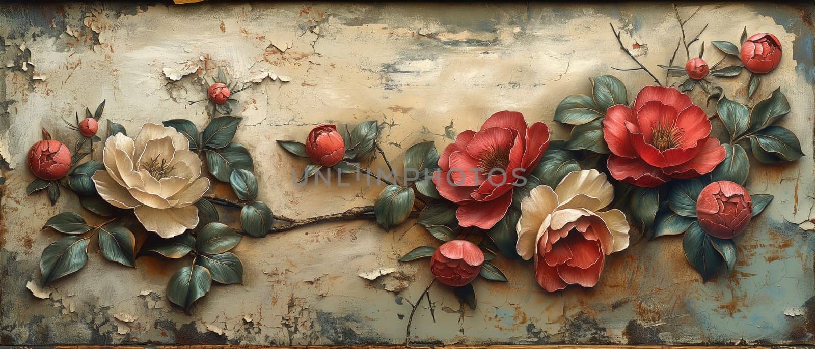 Vintage painting depicting large flowers with delicate leaves. by Fischeron