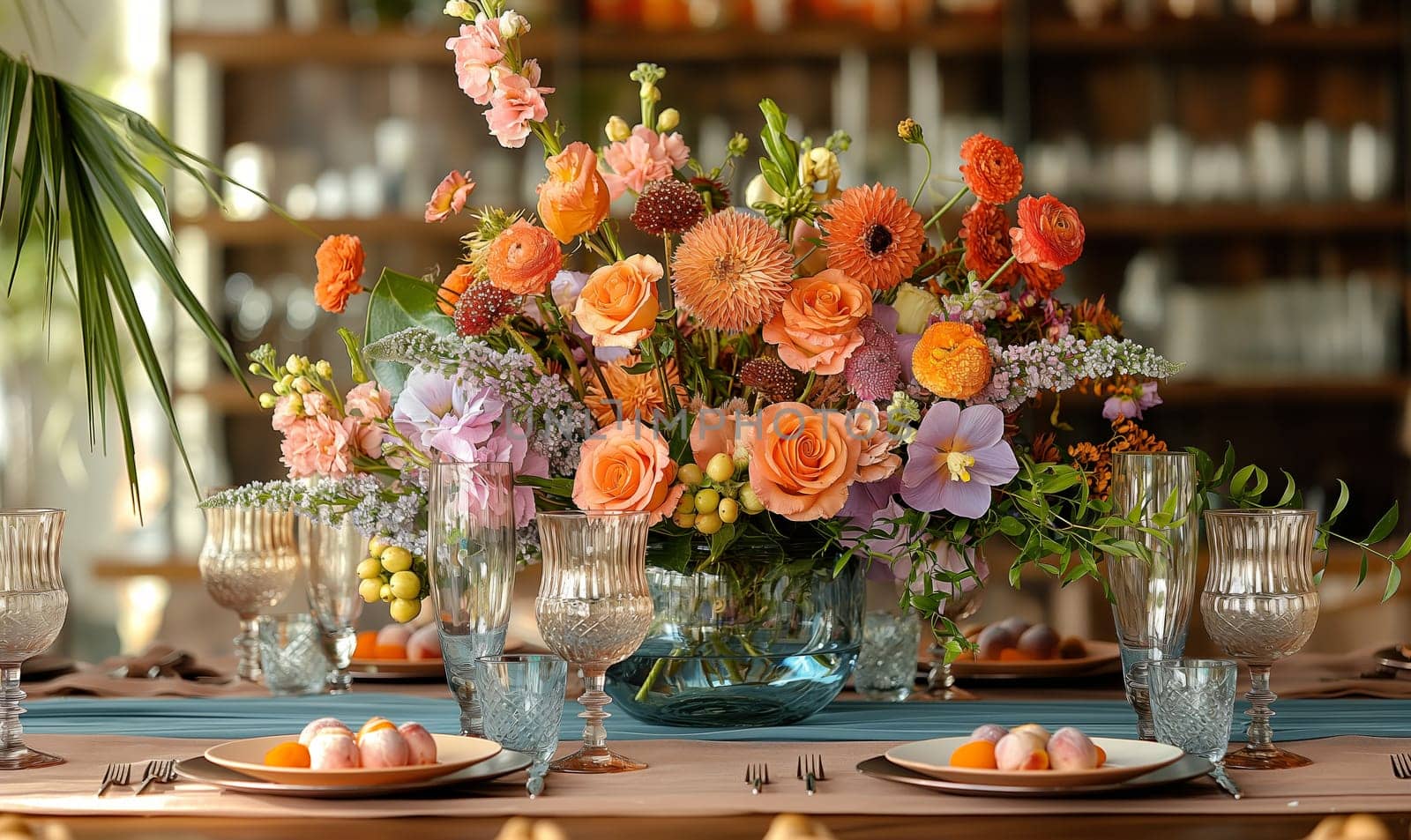 Floral arrangement of various flowers on the festive table. Selective focus