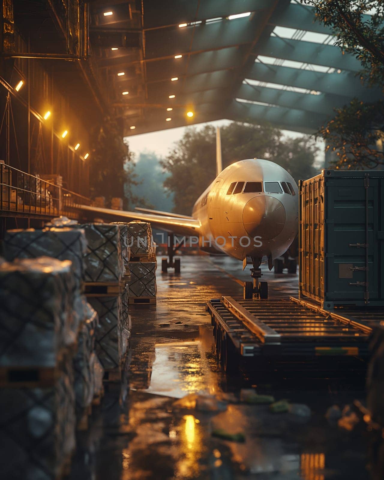 Loading cargo onto an airplane. Selective soft focus.