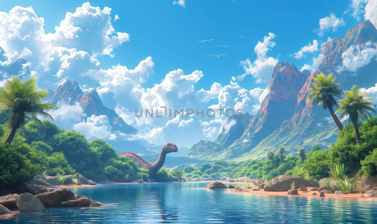 Illustration of a dinosaur on the shore of a pond. by Fischeron
